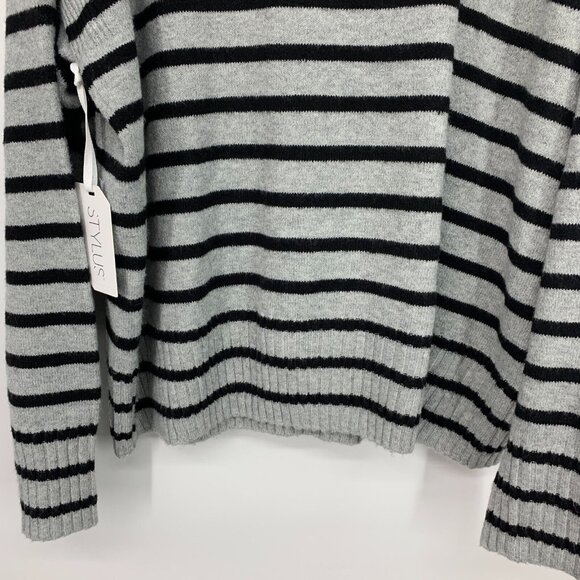 Stylus Sweater Gray Black Stripe V Neck Long Sleeve Pullover NWT - Picture 11 of 12